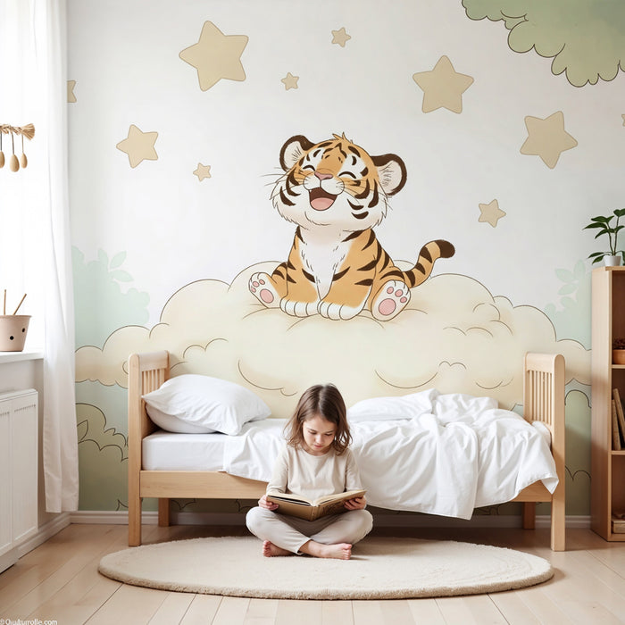Kinderzimmer Tapete | Fröhlicher kleiner Tiger auf einer Wolke