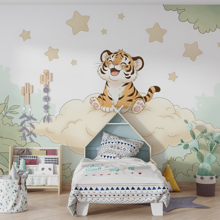Kinderzimmer Tapete | Fröhlicher kleiner Tiger auf einer Wolke