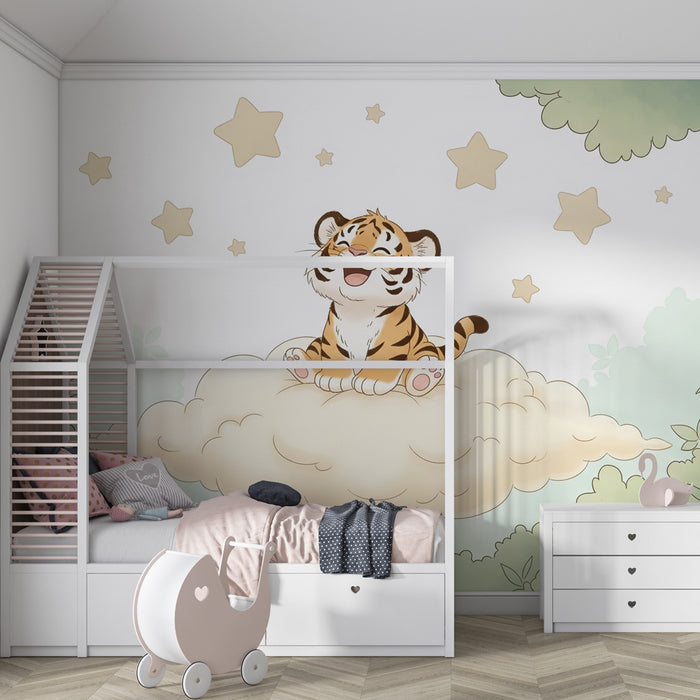 Kinderzimmer Tapete | Fröhlicher kleiner Tiger auf einer Wolke