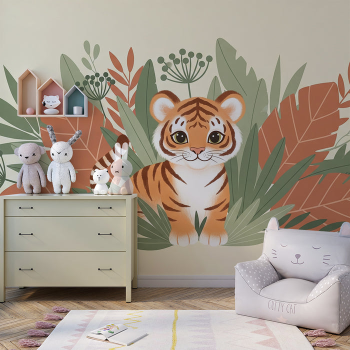 Barntapet | Söt liten tiger mitt i färgglada löv