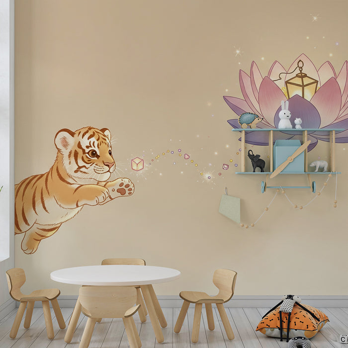 Børneværelse tapet | Lille tiger hopper mod en magisk lotusblomst