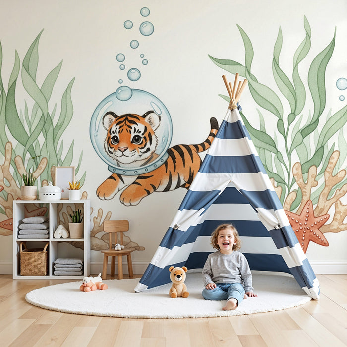 Papel pintado infantil | Pequeño tigre submarino en aventura