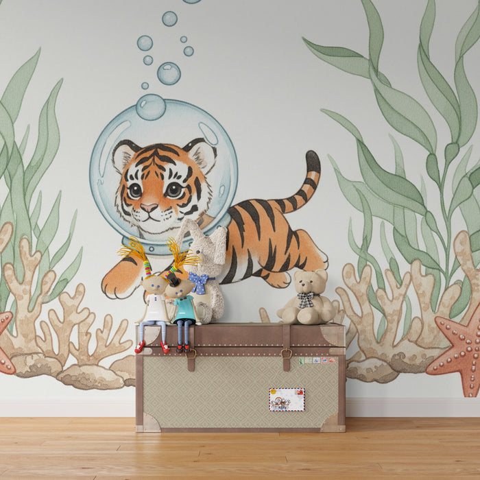 Papel pintado infantil | Pequeño tigre submarino en aventura