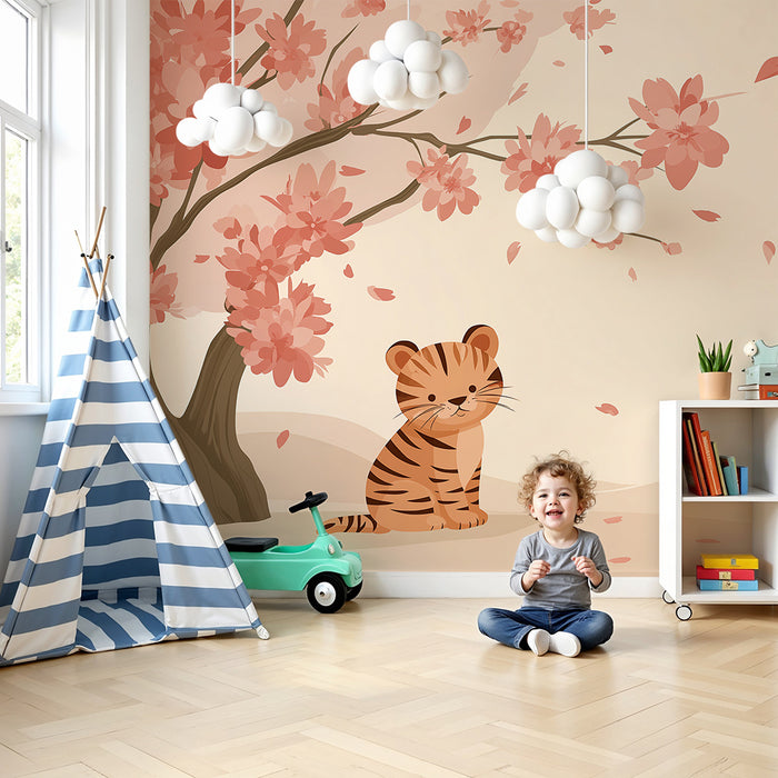 Børneværelse tapet | Lille tiger under et blomstrende kirsebærtræ
