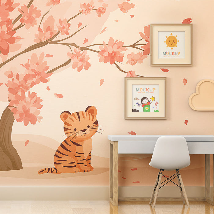 Børneværelse tapet | Lille tiger under et blomstrende kirsebærtræ