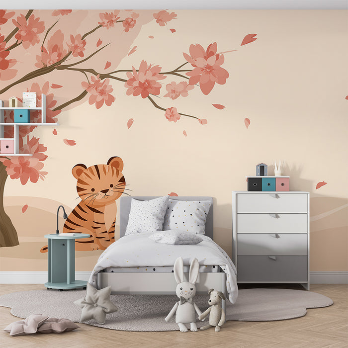 Børneværelse tapet | Lille tiger under et blomstrende kirsebærtræ
