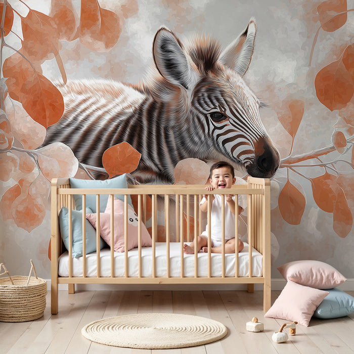 Papier peint chambre enfant | Petit zèbre et feuillage