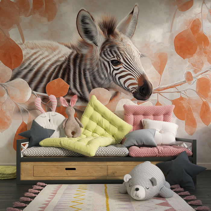 Papier peint chambre enfant | Petit zèbre et feuillage