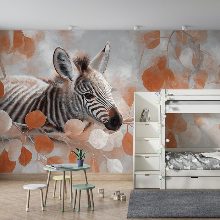 Papier peint chambre enfant | Petit zèbre et feuillage