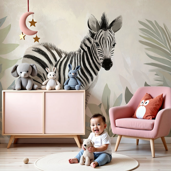 Kinderzimmer Tapete | Kleines Zebra zwischen tropischen Blättern