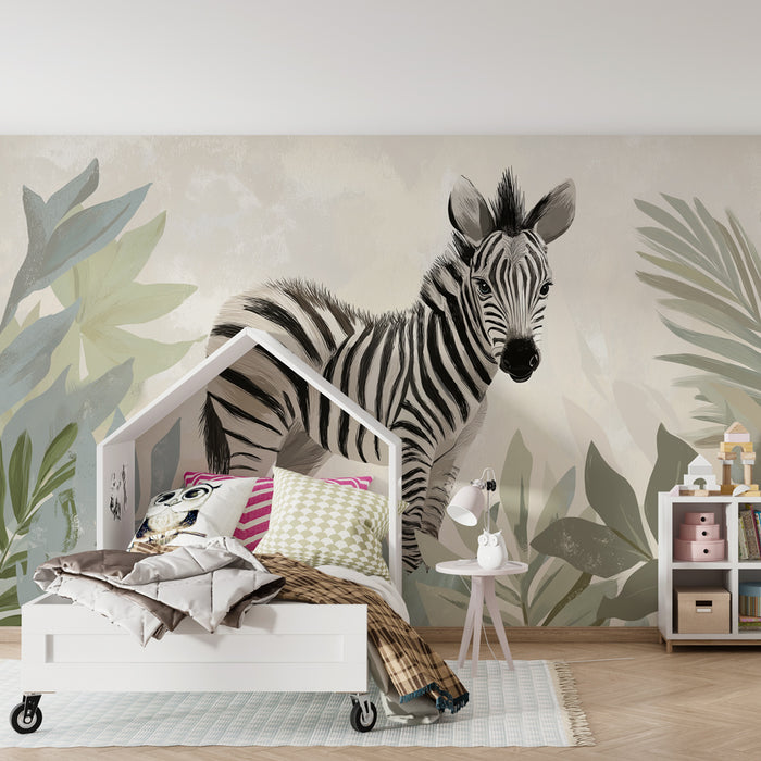 Kinderzimmer Tapete | Kleines Zebra zwischen tropischen Blättern