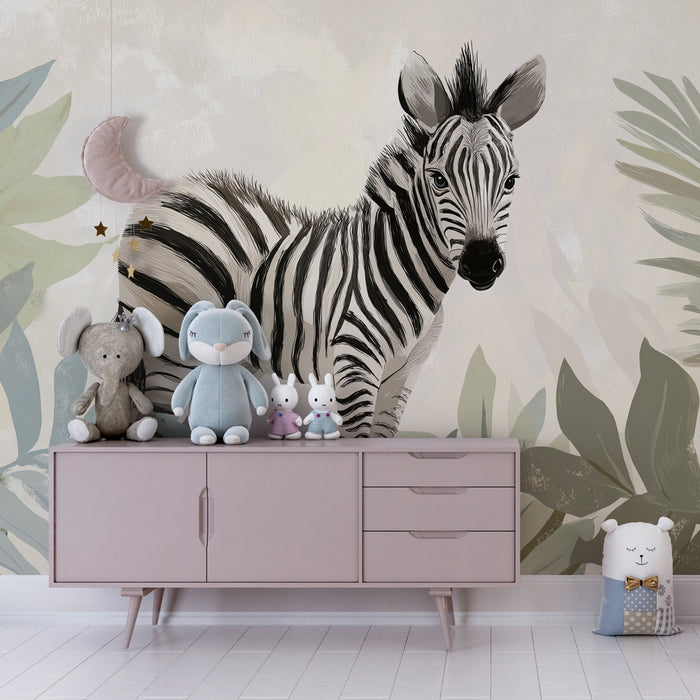 Kinderzimmer Tapete | Kleines Zebra zwischen tropischen Blättern