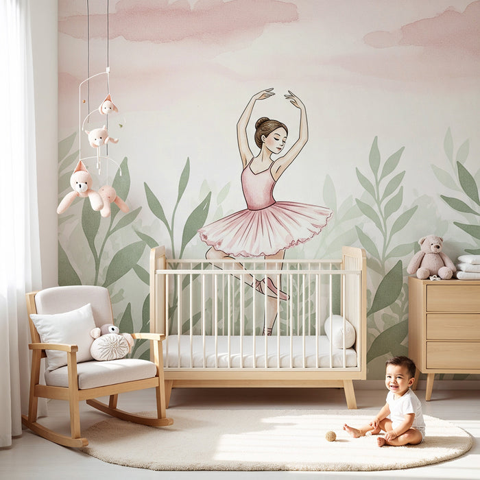 Tapet cameră copii | Mică balerină într-un decor floral