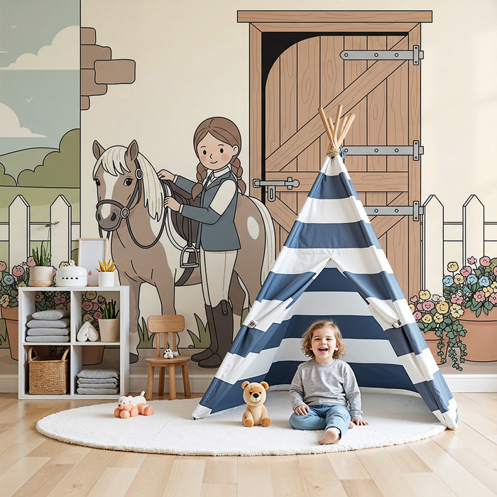 Papier peint chambre enfant | Petite cavalière et son poney dans un décor champêtre