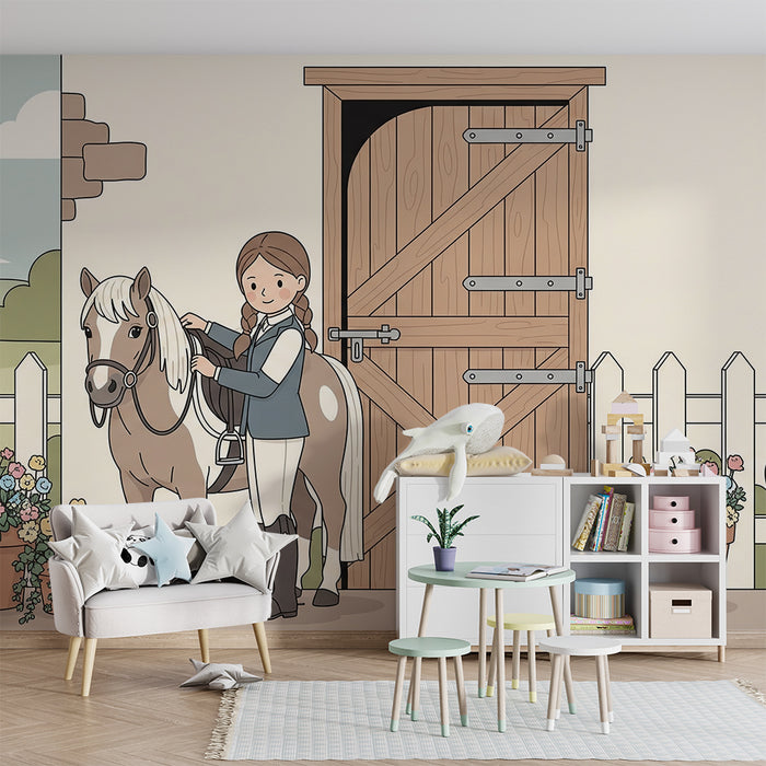 Papier peint chambre enfant | Petite cavalière et son poney dans un décor champêtre