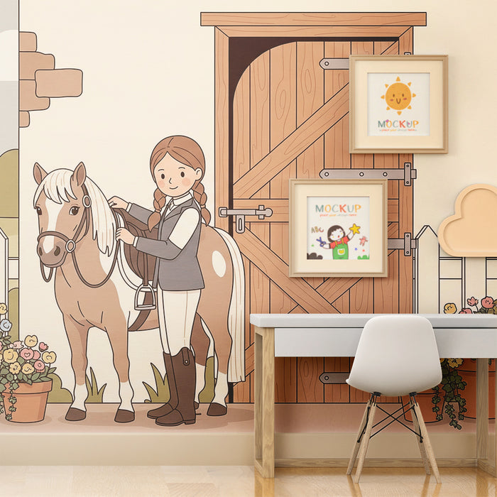 Papier peint chambre enfant | Petite cavalière et son poney dans un décor champêtre