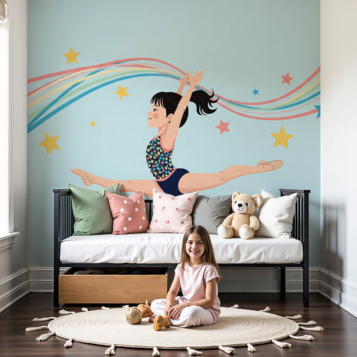 **Kinderzimmer Tapete | Kleine Tänzerin bei einer Pirouette mit Sternen und leuchtenden Farben**