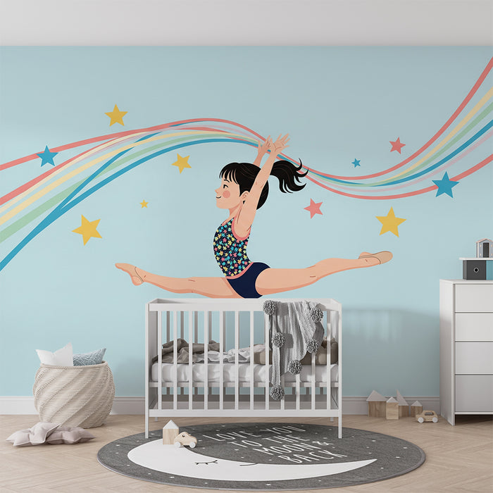 **Kinderzimmer Tapete | Kleine Tänzerin bei einer Pirouette mit Sternen und leuchtenden Farben**