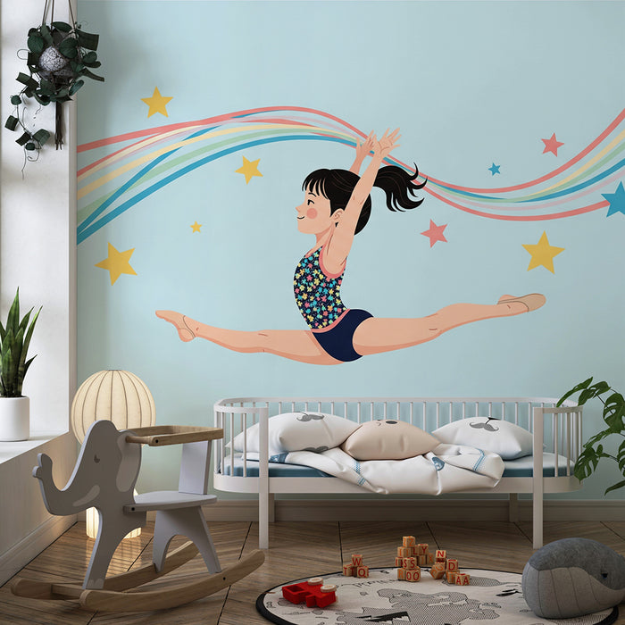 **Kinderzimmer Tapete | Kleine Tänzerin bei einer Pirouette mit Sternen und leuchtenden Farben**