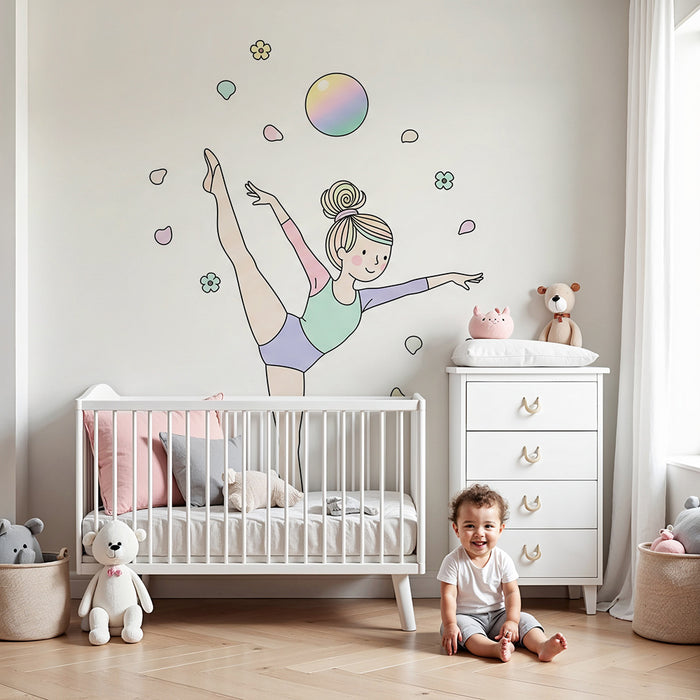 Papier peint chambre enfant | Petite danseuse entourée de fleurs et de bulles colorées
