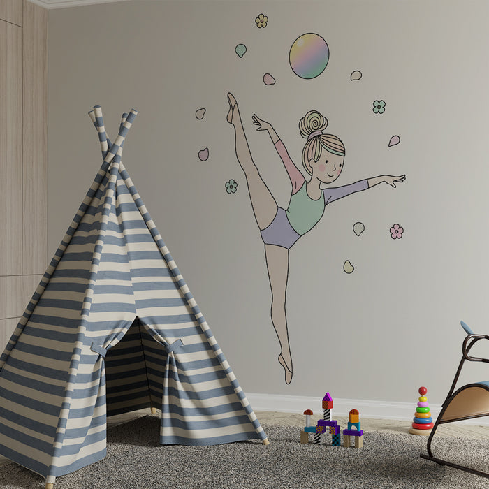 Papier peint chambre enfant | Petite danseuse entourée de fleurs et de bulles colorées