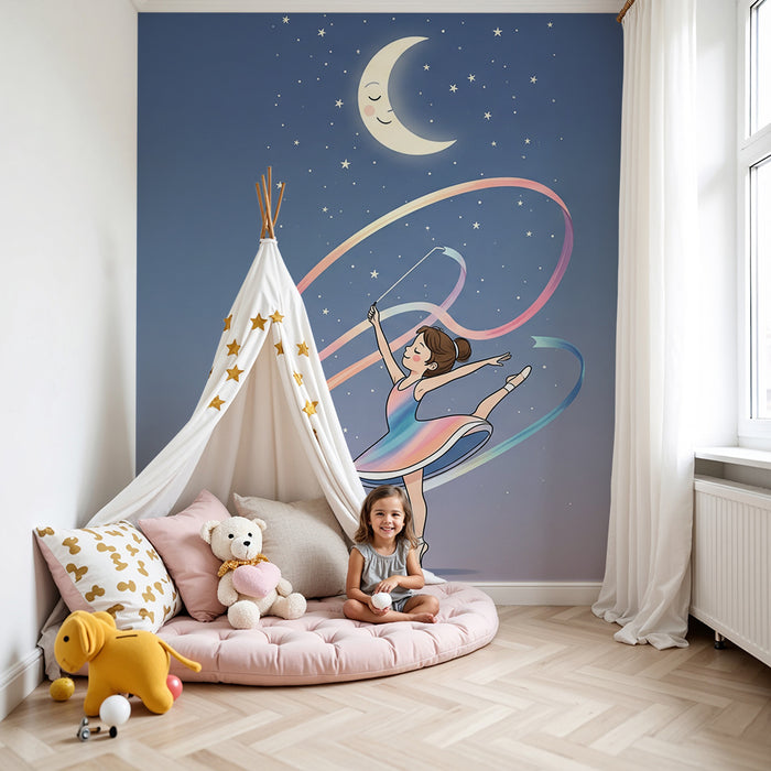 Papier peint chambre enfant | Petite danseuse étoile sous la lune et les étoiles