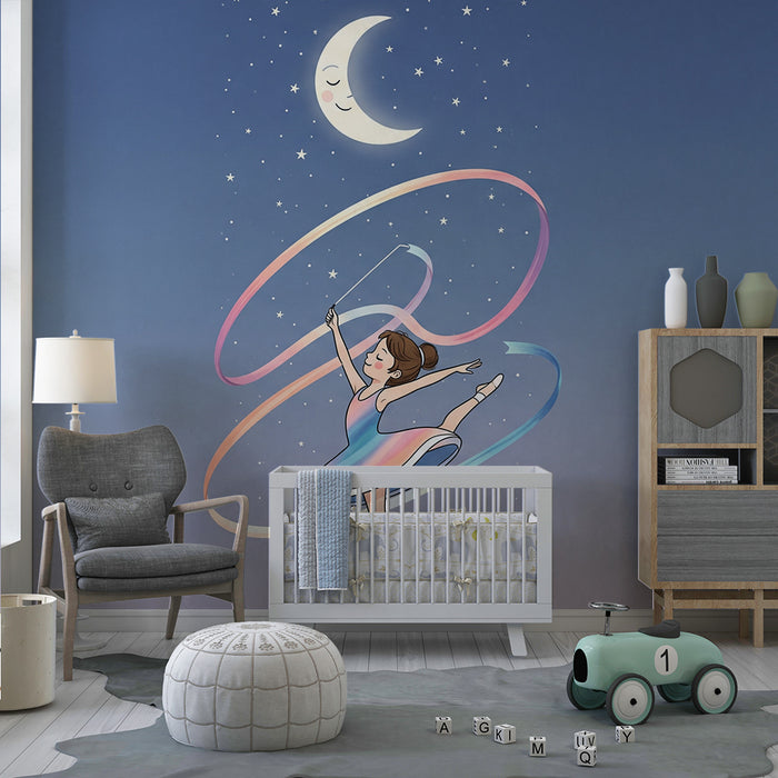 Papier peint chambre enfant | Petite danseuse étoile sous la lune et les étoiles