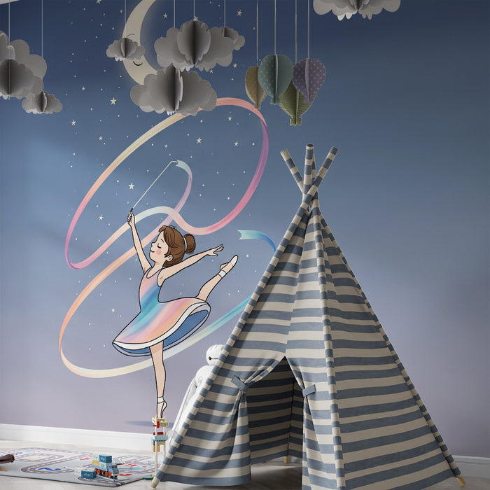 Papier peint chambre enfant | Petite danseuse étoile sous la lune et les étoiles