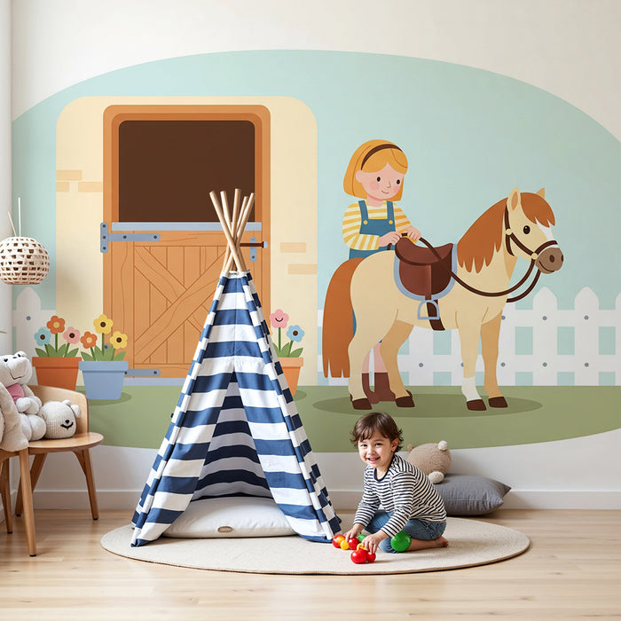 Carta da parati per camera bambini | Bambina e pony davanti alla scuderia