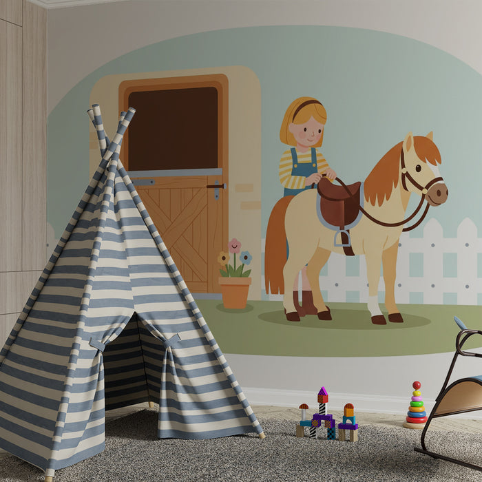 Carta da parati per camera bambini | Bambina e pony davanti alla scuderia
