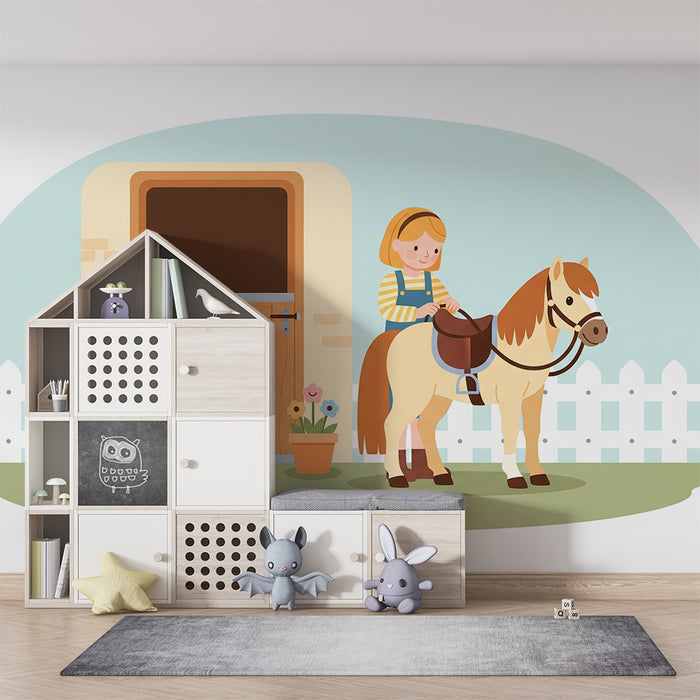 Carta da parati per camera bambini | Bambina e pony davanti alla scuderia