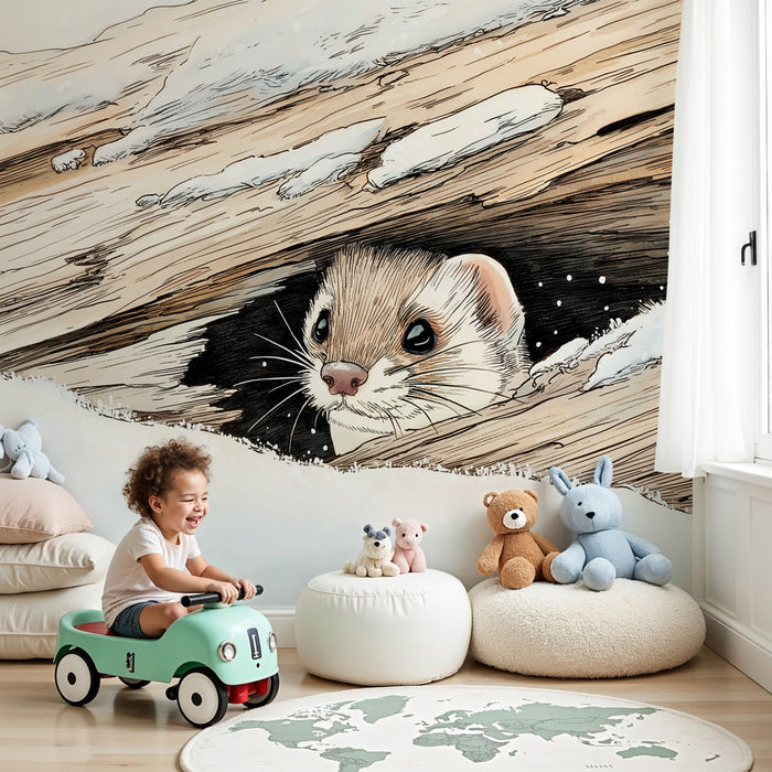 Kinderzimmer Tapete | Neugieriger kleiner Fuchs im Schnee