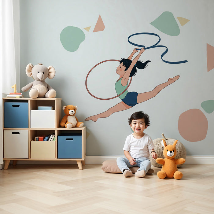 Kinderzimmer Tapete | Kleine Turnerin in voller Aktion mit bunten geometrischen Formen