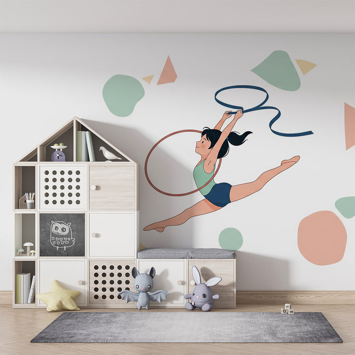 Kinderzimmer Tapete | Kleine Turnerin in voller Aktion mit bunten geometrischen Formen