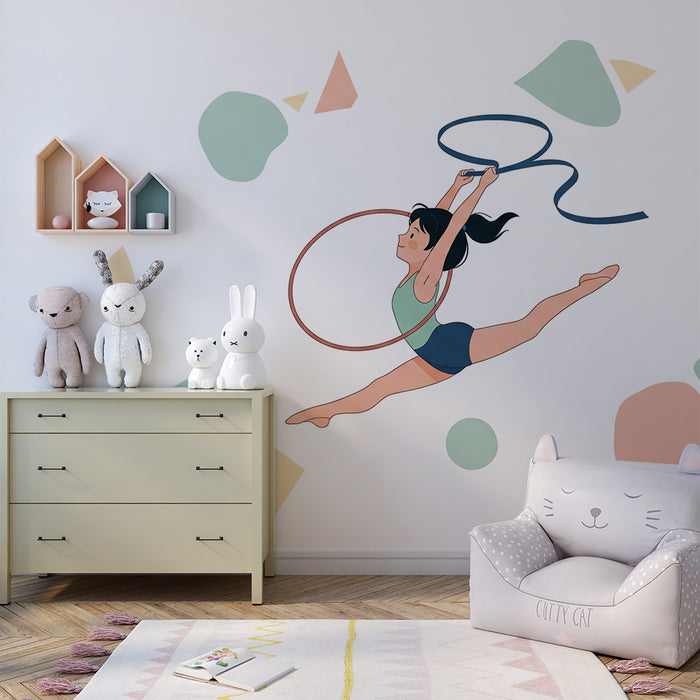 Kinderzimmer Tapete | Kleine Turnerin in voller Aktion mit bunten geometrischen Formen