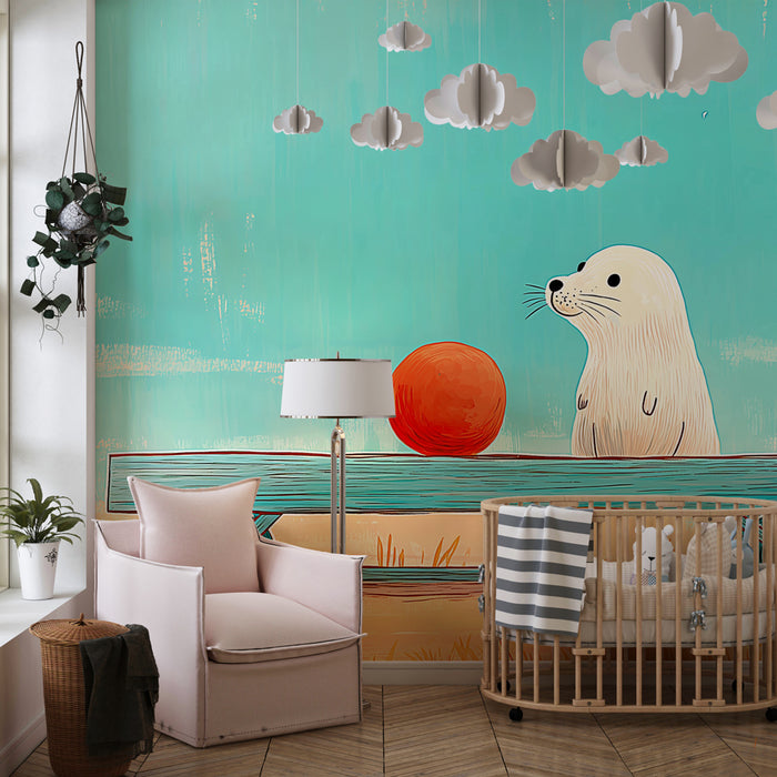 Papier peint chambre enfant | Petite loutre et boules colorées