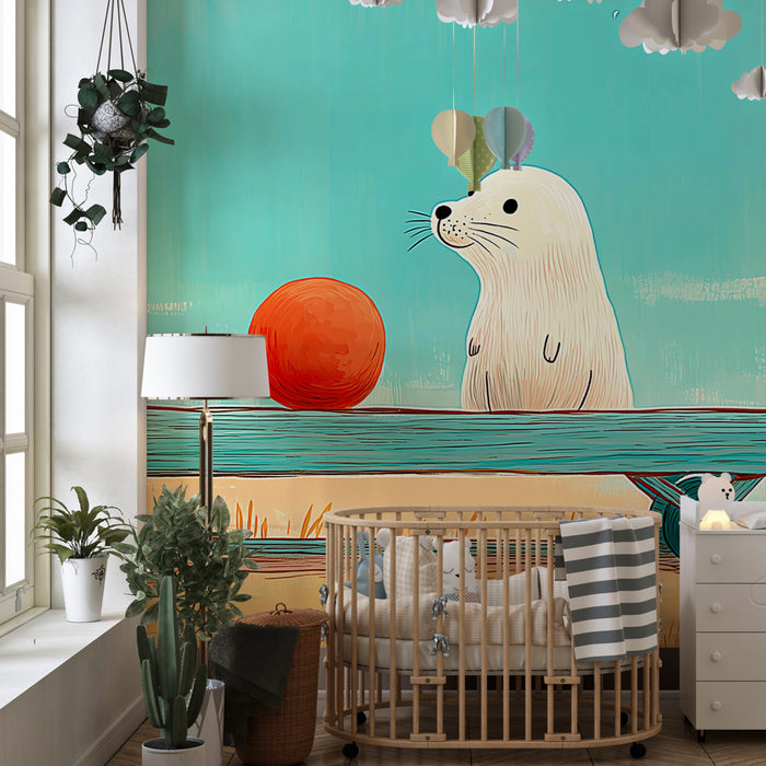 Papier peint chambre enfant | Petite loutre et boules colorées