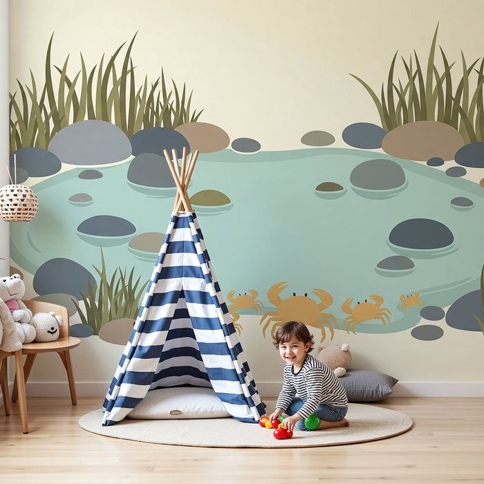 Kids' Room Wallpaper | Small Pond with Crabs and Colorful Pebbles