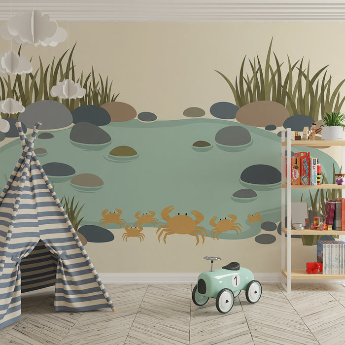 Kids' Room Wallpaper | Small Pond with Crabs and Colorful Pebbles