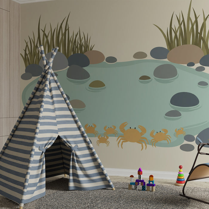 Kids' Room Wallpaper | Small Pond with Crabs and Colorful Pebbles