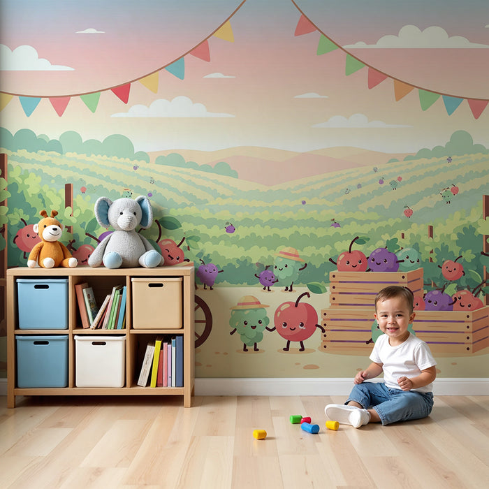 Papel de parede para quarto de criança | Colheita feliz de frutas num vinhedo colorido