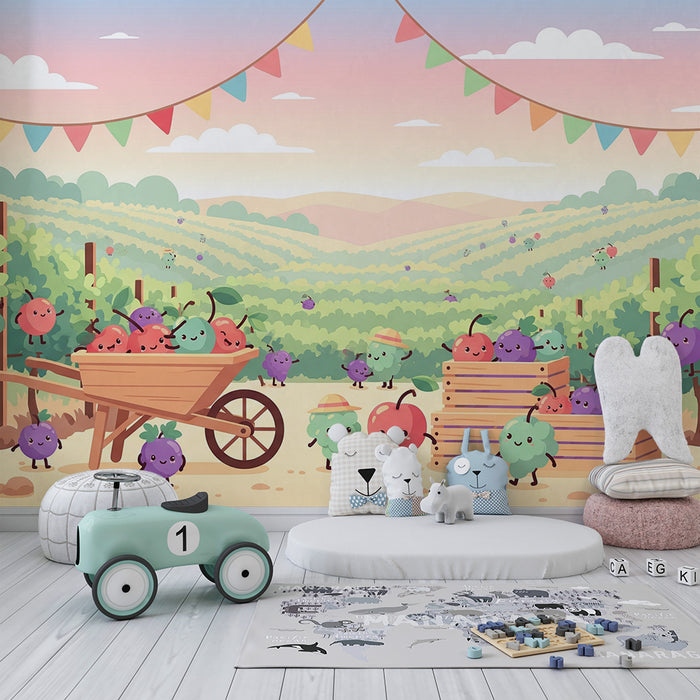 Papel de parede para quarto de criança | Colheita feliz de frutas num vinhedo colorido