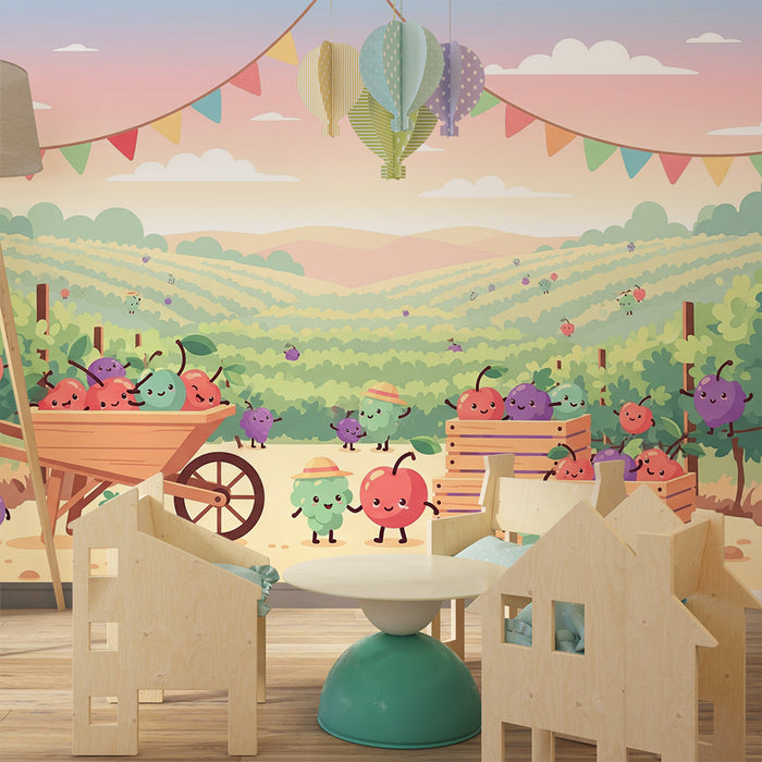Papel de parede para quarto de criança | Colheita feliz de frutas num vinhedo colorido