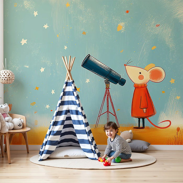 Kids room wallpaper | Curious little mouse under a starry sky