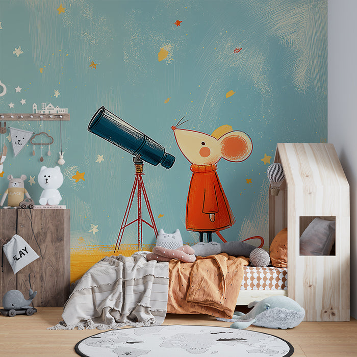 Kids room wallpaper | Curious little mouse under a starry sky
