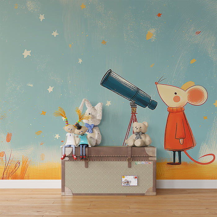 Kids room wallpaper | Curious little mouse under a starry sky