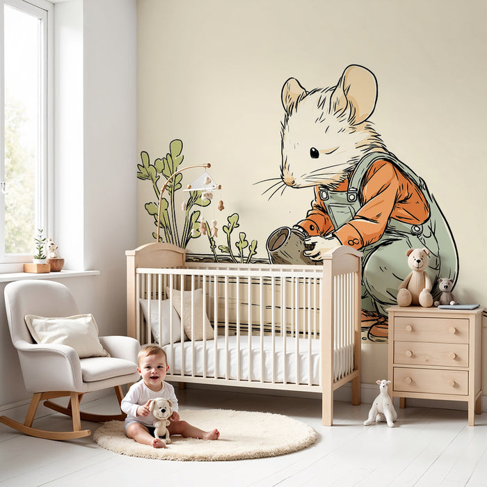 Kinderzimmer Tapete | Kleine Maus Gärtner mit ihren Pflanzen