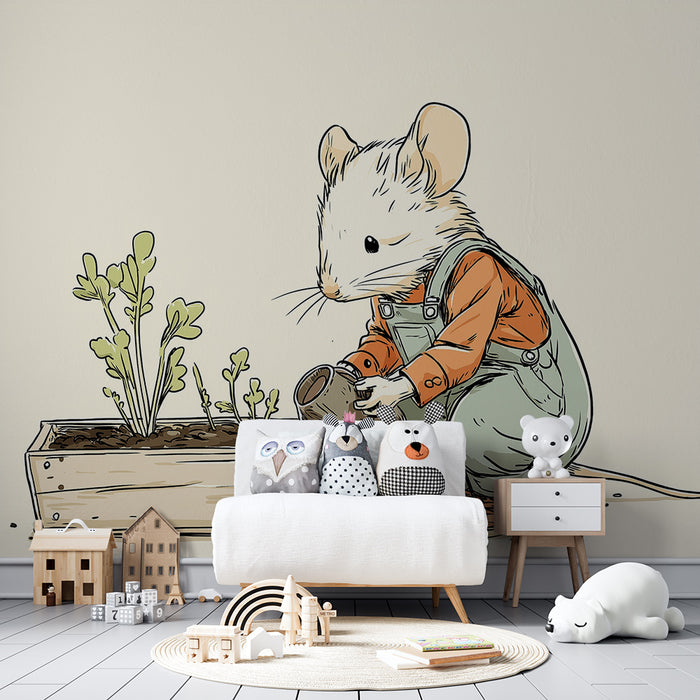 Kinderzimmer Tapete | Kleine Maus Gärtner mit ihren Pflanzen
