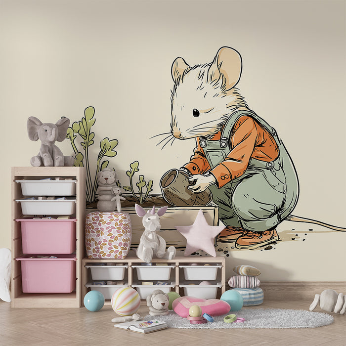 Kinderzimmer Tapete | Kleine Maus Gärtner mit ihren Pflanzen