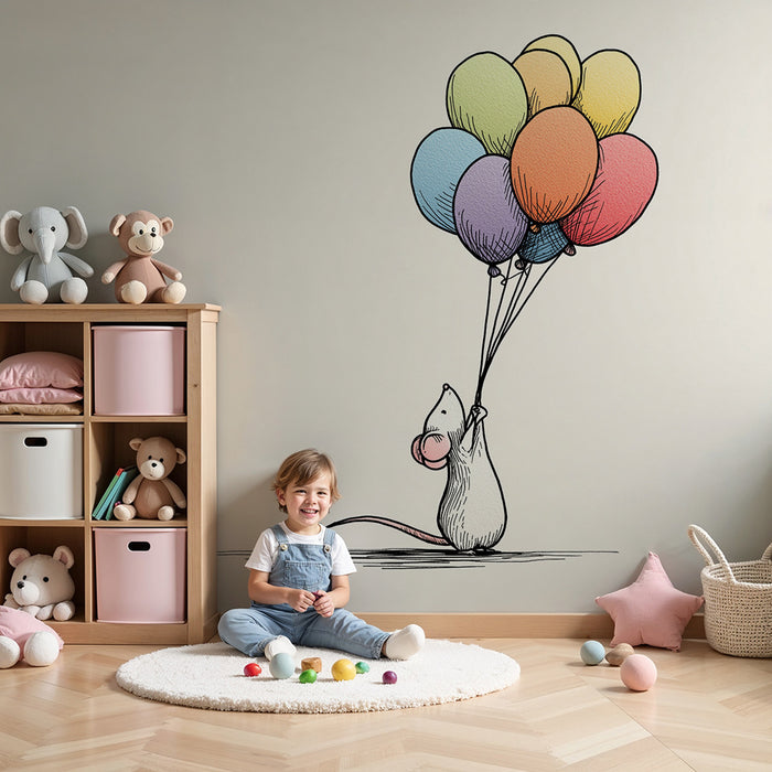 Kinderzimmer Tapete | Fröhliche kleine Maus mit bunten Luftballons